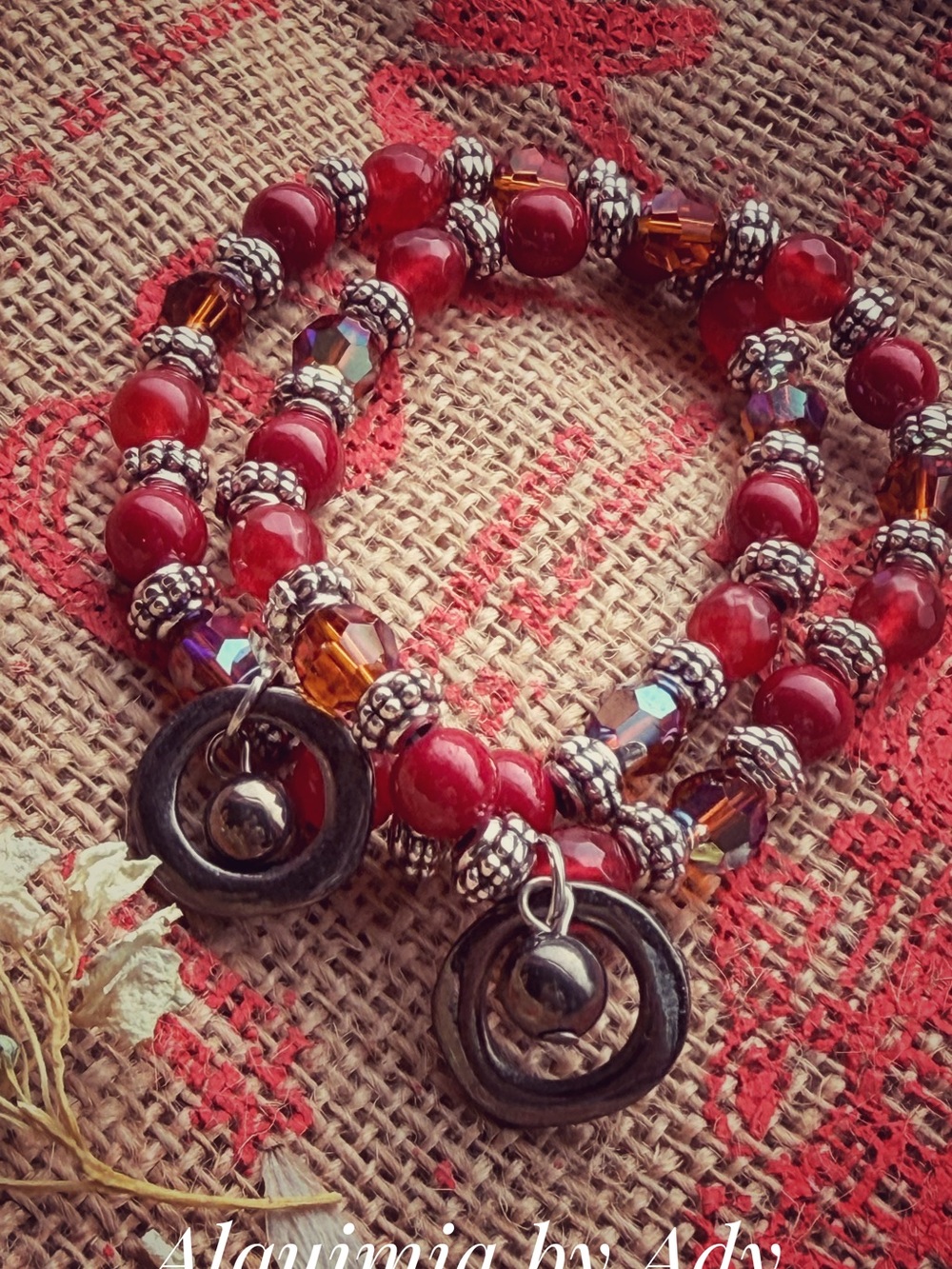 UNTREATED RUBY + CERAMIC +Handmade Red Beaded stack Bracelet with Silver Accents
